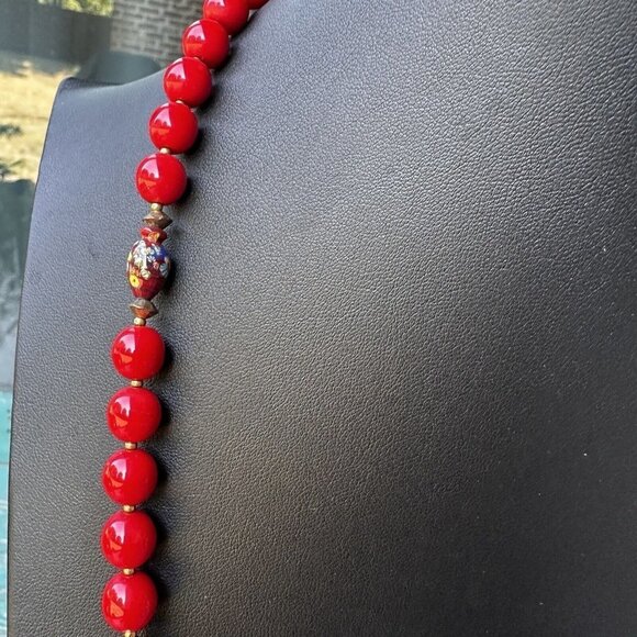 Fashion Necklace Red Glass Millefiori Venetian Metal Spacer‎ Beads Floral 31" - Picture 8 of 9